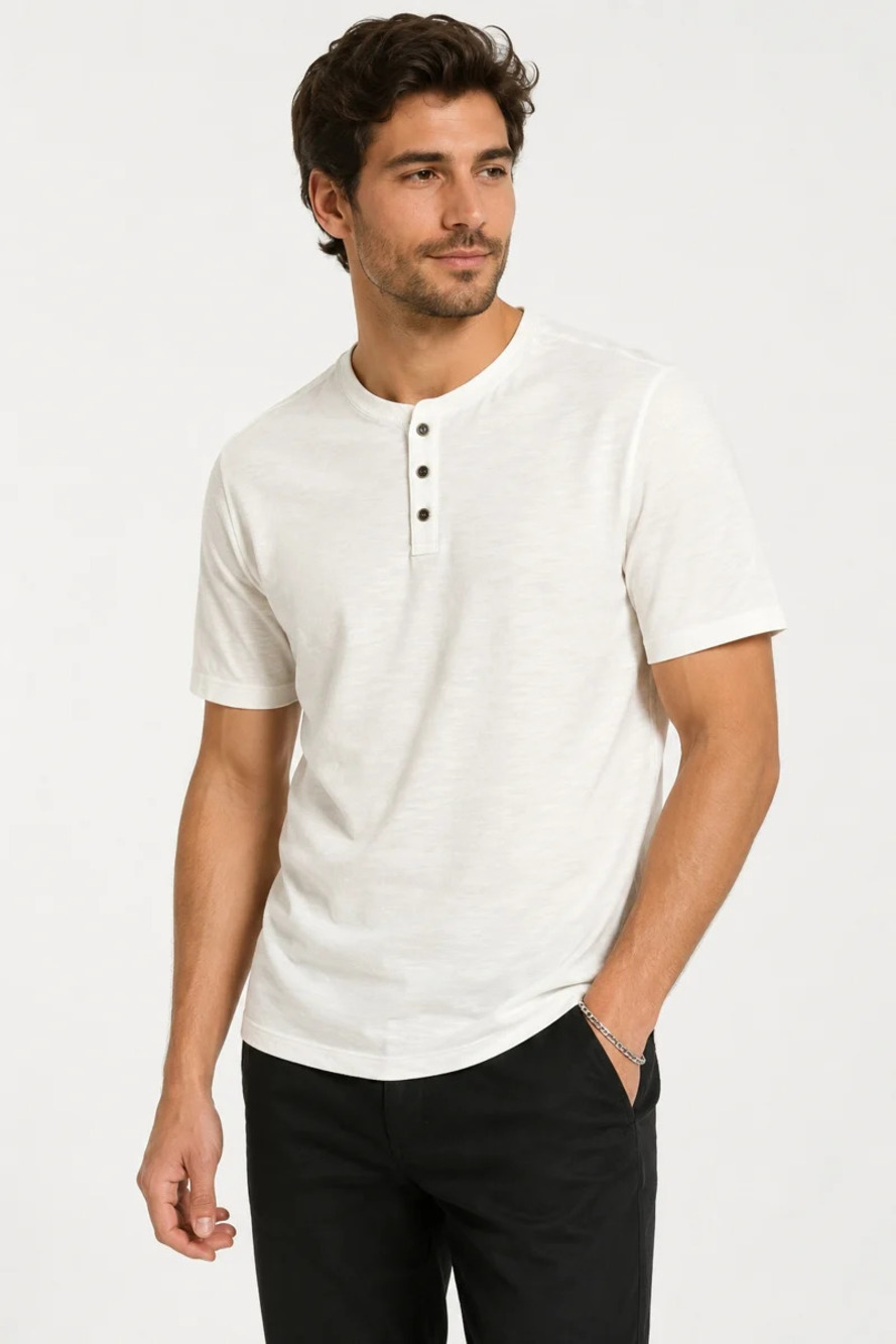 Nicoby Age of Wisdom White Textured Henley with Contrast Trim/35956